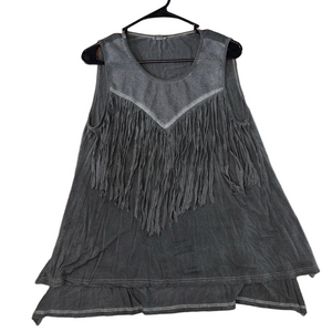 POL Gray Fringe Sleeveless Top Oversized Boho Tunic Small